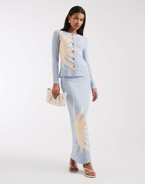 Never Fully Dressed Dorris ribbed maxi skirt in ice blue sun print - part of a set - view 1