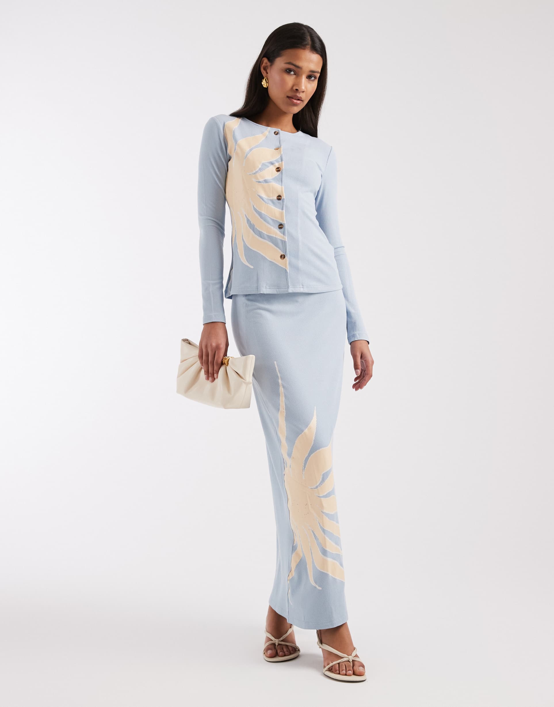 never fully dressed dorris ribbed maxi skirt in ice blue sun print - part of a set