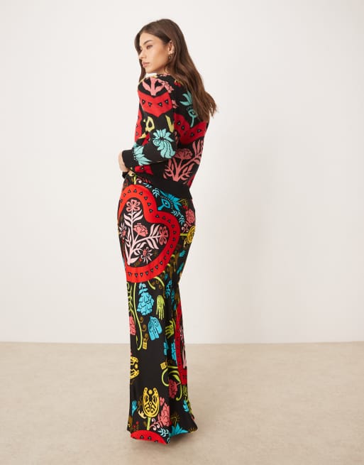 Never Fully Dressed dorris satin maxi skirt co-ord in bright abstract print, 2 of 5