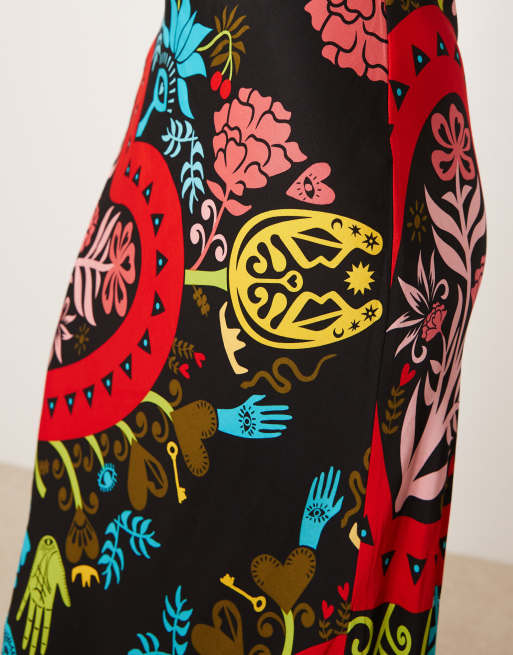 Never Fully Dressed dorris satin maxi skirt co-ord in bright abstract print, 4 of 5