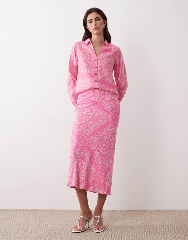 Never Fully Dressed dorris satin maxi skirt co-ord in pink paisley