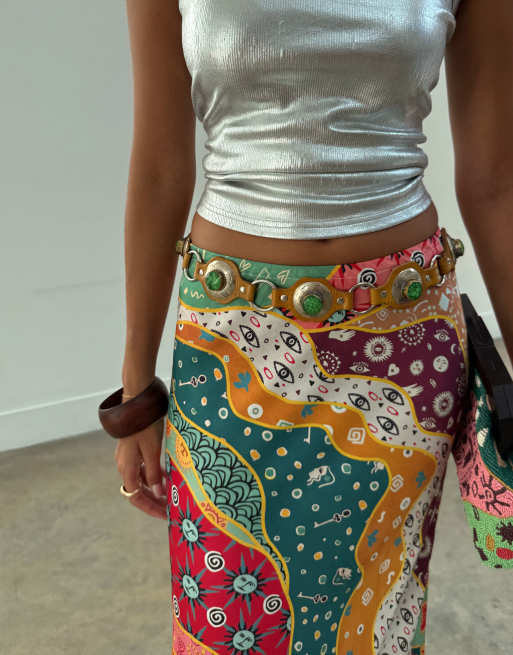 Never Fully Dressed Dorris satin maxi skirt in pastel print, 3 of 4