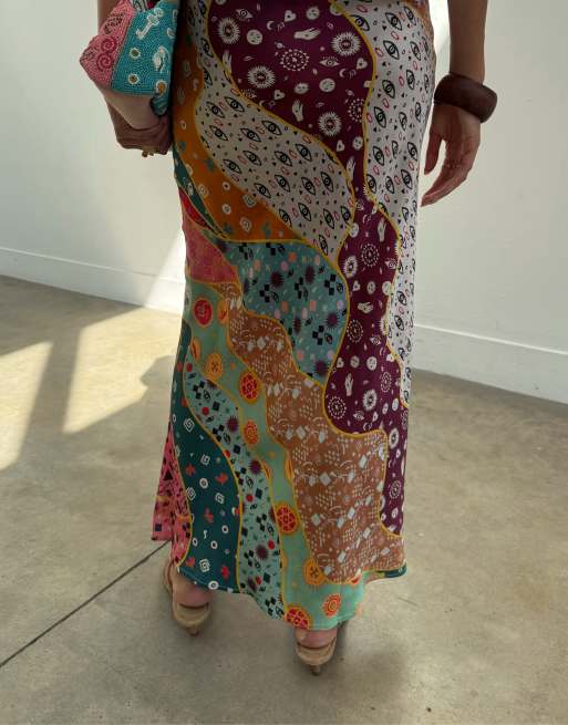Never Fully Dressed Dorris satin maxi skirt in pastel print, 4 of 4