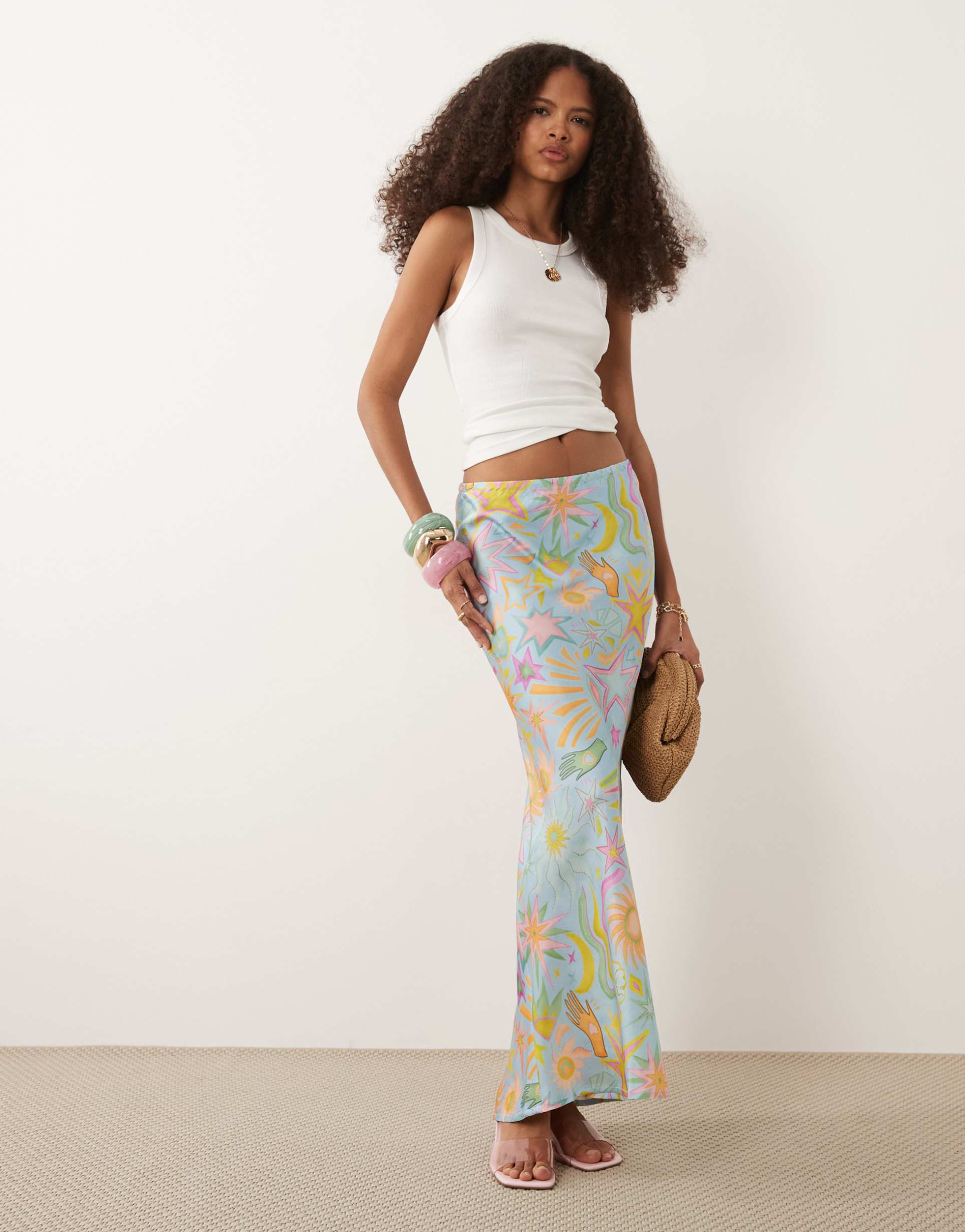 never fully dressed dorris satin maxi skirt in pastel star print