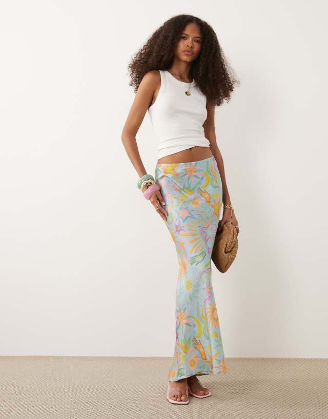 Never Fully Dressed Dorris satin maxi skirt in pastel star print