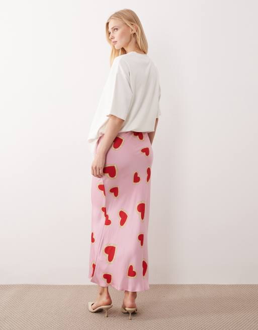Never Fully Dressed dorris satin maxi skirt in pink heart print, 4 of 5