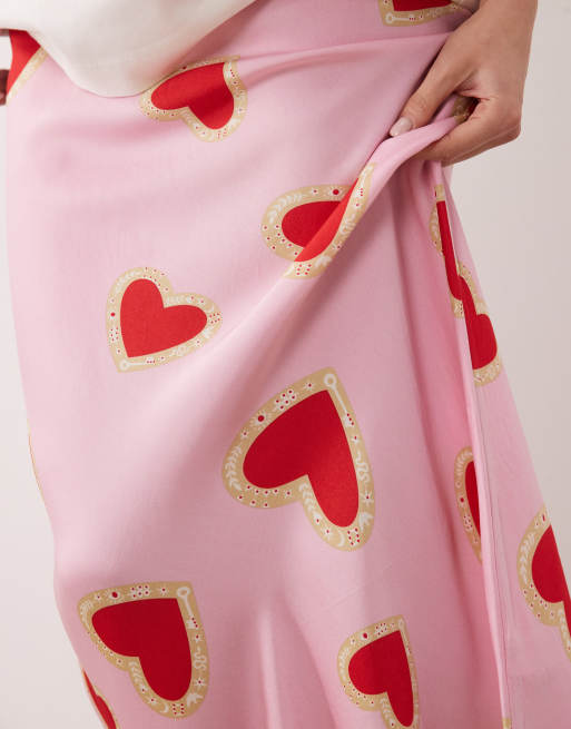 Never Fully Dressed dorris satin maxi skirt in pink heart print, 5 of 5