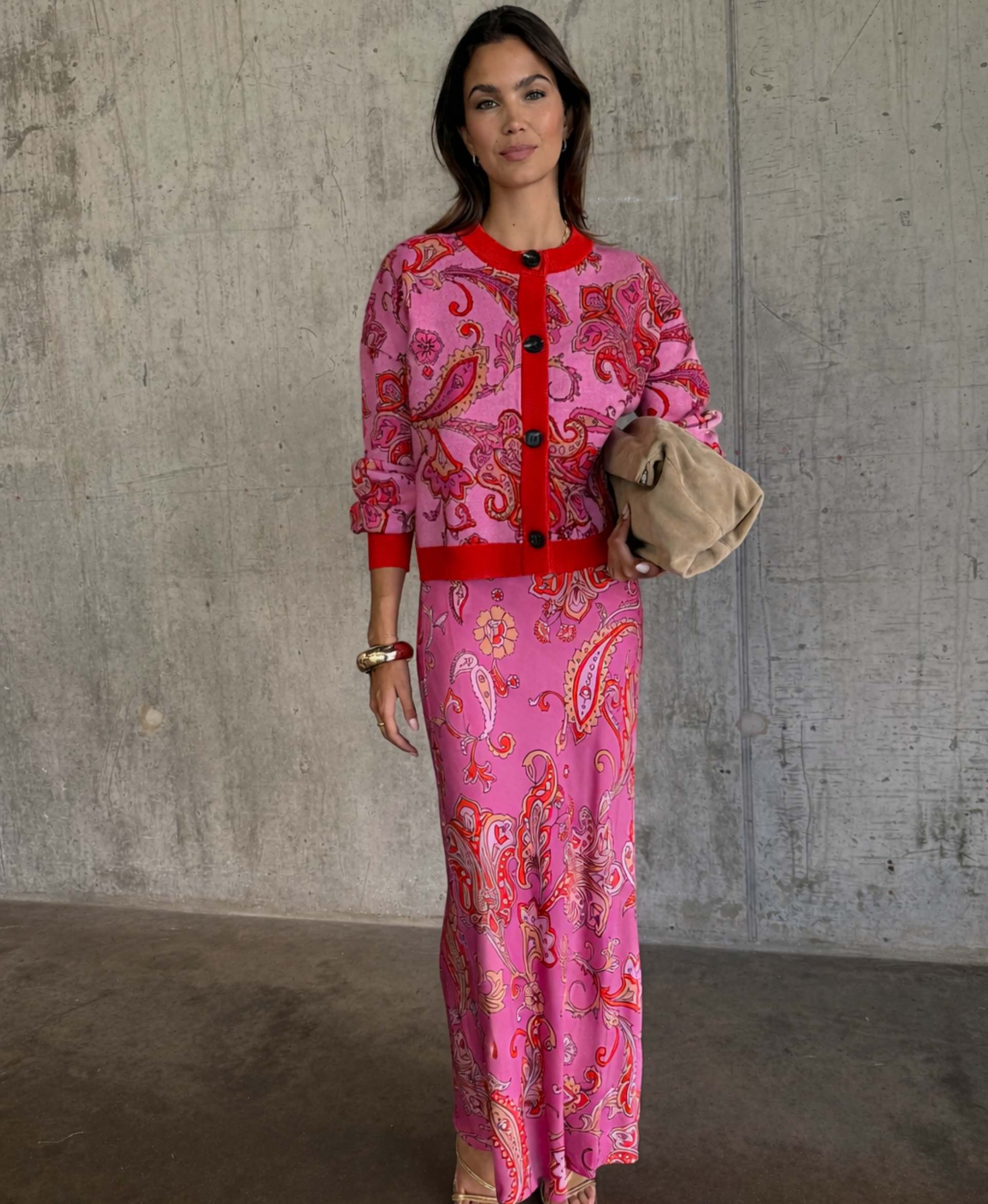 never fully dressed dorris satin maxi skirt in red and pink paisley