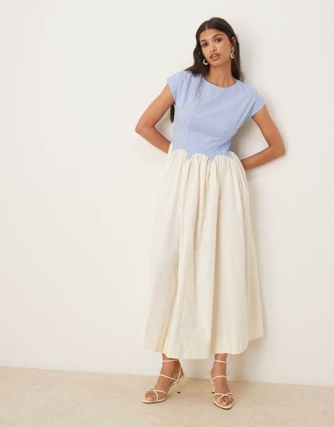 Never Fully Dressed drop hem stripe cotton midaxi dress in blue and white - view 1