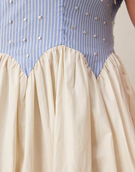 Never Fully Dressed dropped hem striped cotton midaxi dress in blue and white
