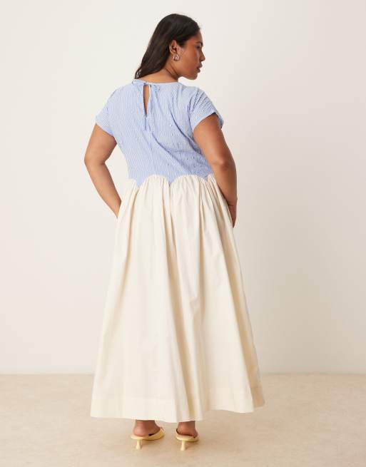 Never Fully Dressed dropped hem striped cotton midaxi dress in blue and white