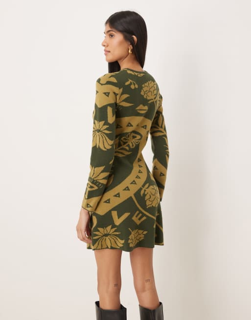 Never Fully Dressed – Dzianinowa sukienka mini ze wzorem w kolorze khaki, część zestawu, 3 z 4