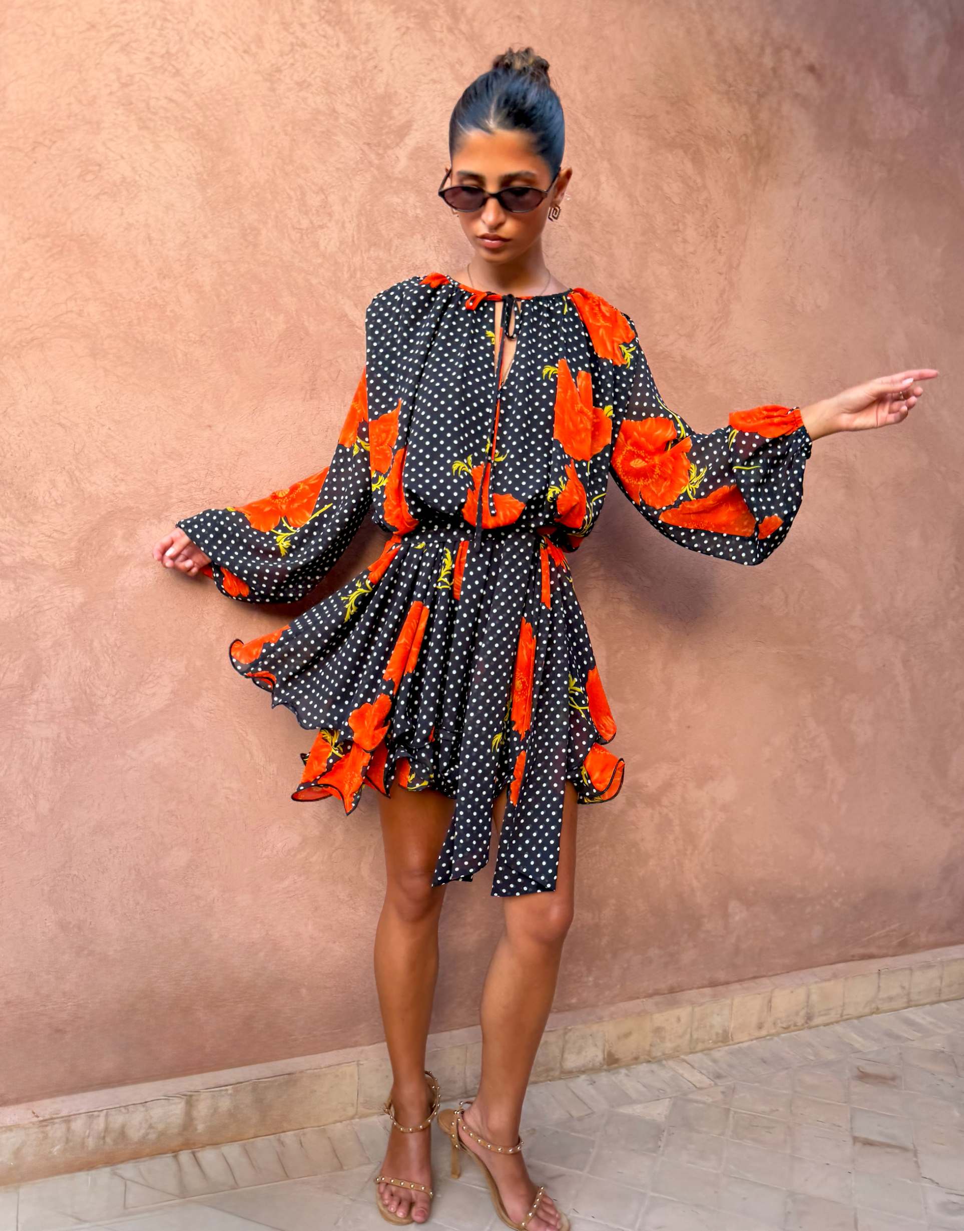 never fully dressed ella balloon sleeve mini dress in black poppy print