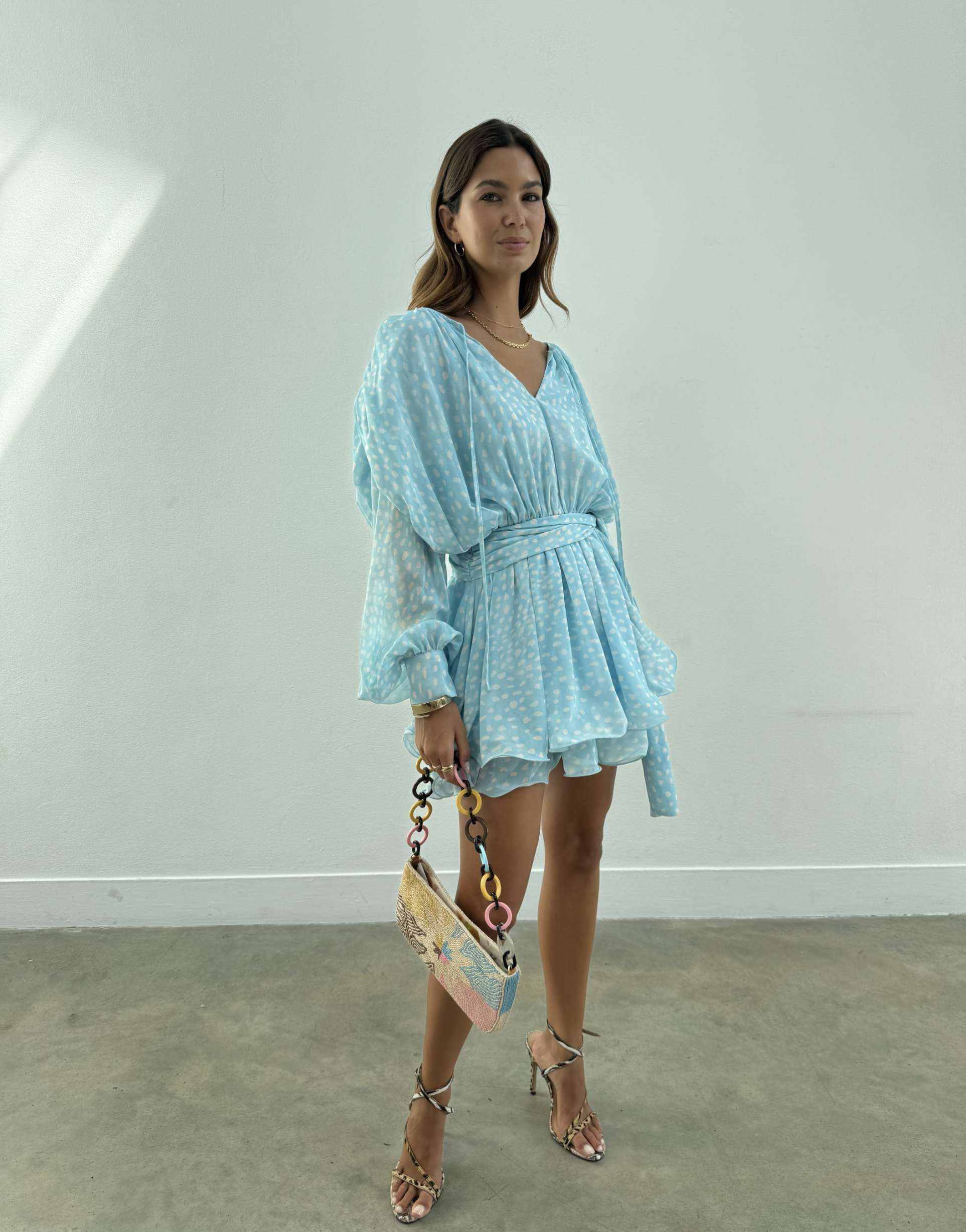 never fully dressed ella tiered ruffle tie waist balloon sleeve mini dress in blue fawn print