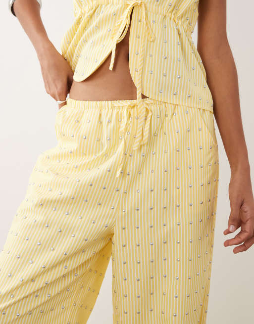 Never Fully Dressed Ellie drawstring studded wide leg trouser co-ord in lemon stripe, 3 of 5