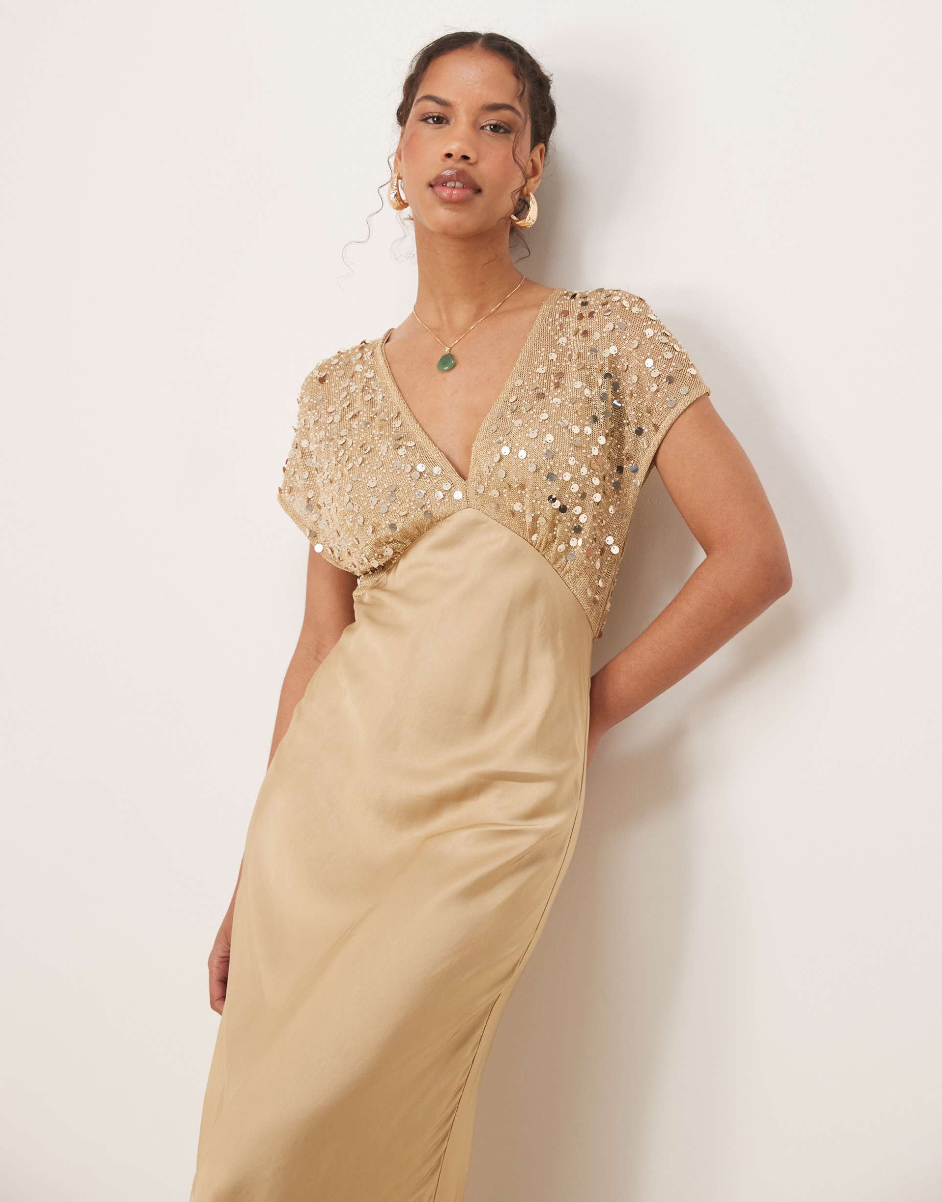 never fully dressed embellished 2-in-1 contrast slip dress in gold