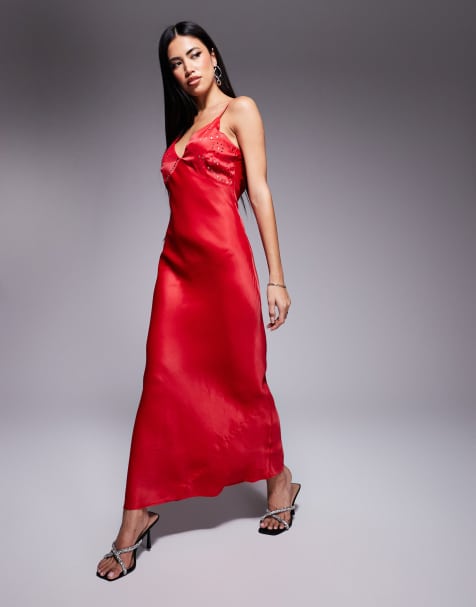 Never Fully Dressed embellished hotfix satin maxi dress in red - view 1