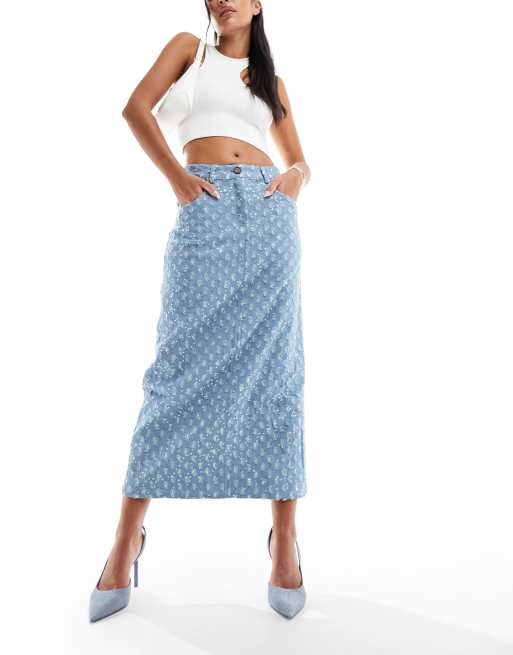 Never Fully Dressed embellished maxi skirt in denim jacquard