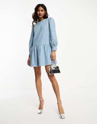 embellished smock mini dress in denim jacquard-Silver