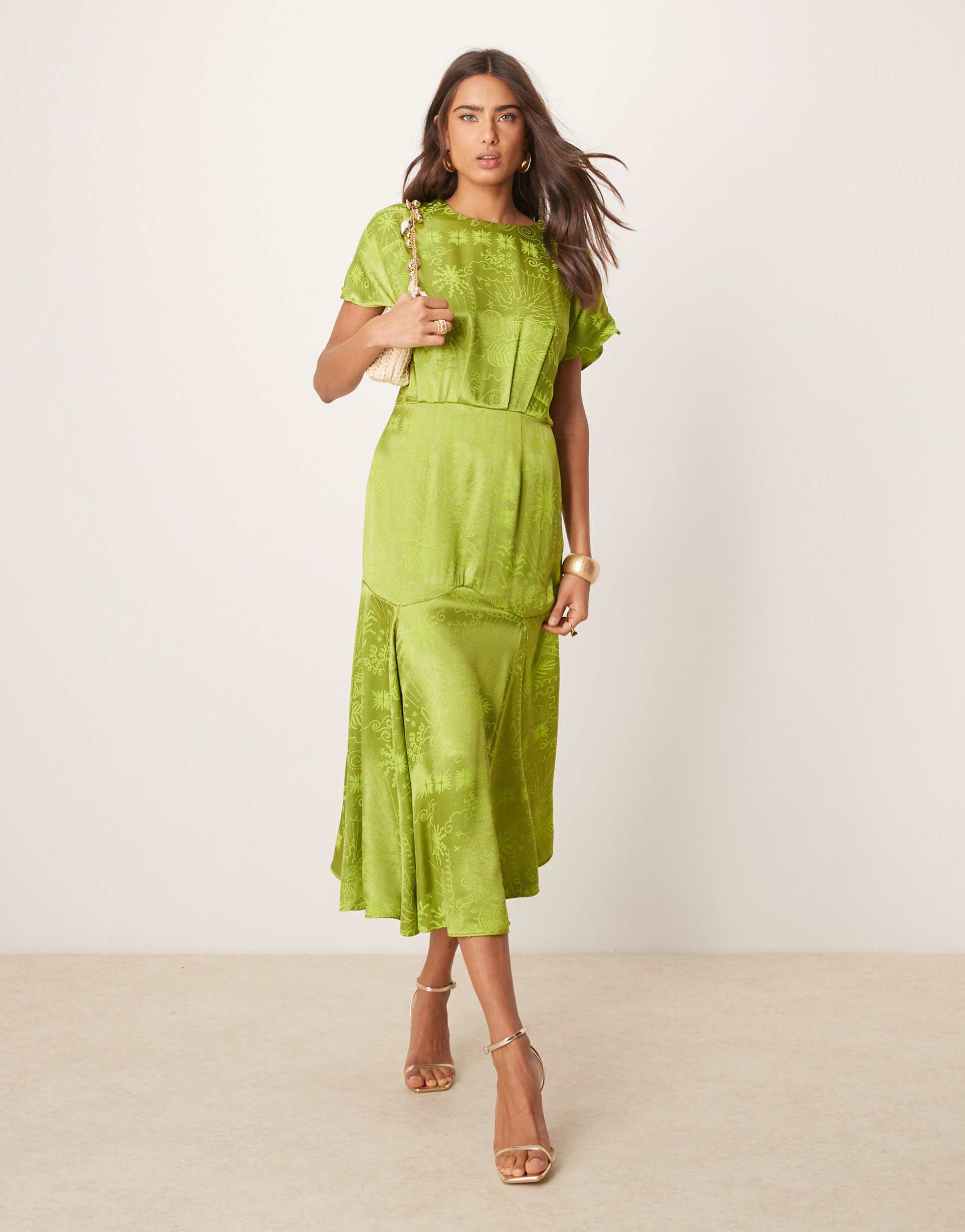 never fully dressed embossed satin midaxi dress in green