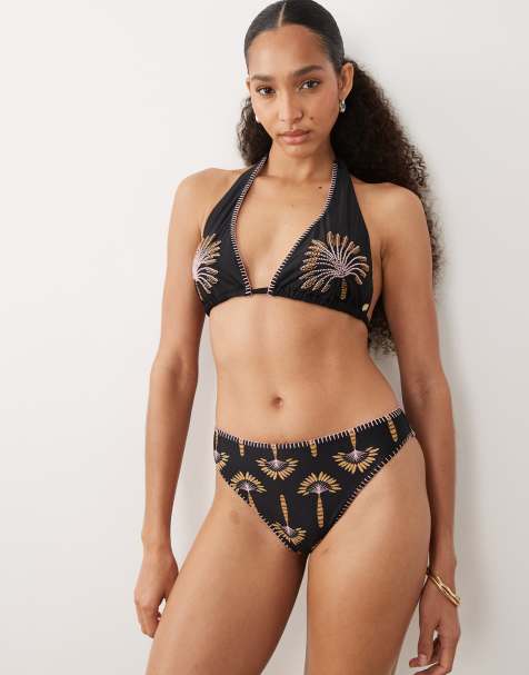 Never Fully Dressed embroidered bikini top and bottoms co-ord in black palm - view 1