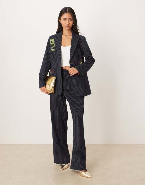 Never Fully Dressed embroidered blazer and wide leg pants set in navy pinstripe - view 1