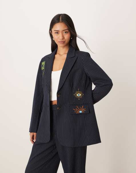Never Fully Dressed embroidered blazer in navy pinstripe - part of a set - view 1
