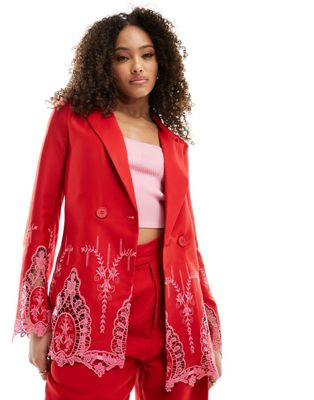 Never Fully Dressed embroidered blazer suit co-ord in red and pink