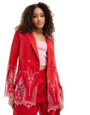 Never Fully Dressed embroidered blazer suit co-ord in red and pink