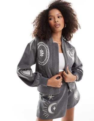 Shop Never Fully Dressed embroidered bomber jacket co ord in grey Online – Trendy & Affordable Fashion