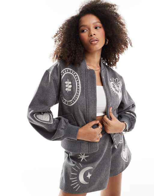 Never Fully Dressed embroidered bomber jacket co ord in grey ASOS