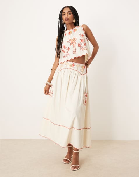 Never Fully Dressed embroidered cotton midaxi skirt co-ord in cream and red