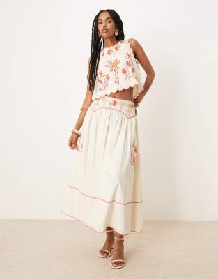 never fully dressed embroidered cotton midaxi skirt in cream and red - part of a set
