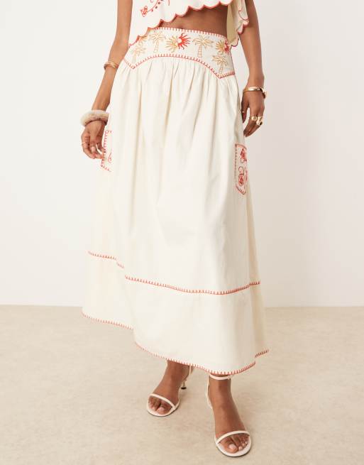 Never Fully Dressed embroidered cotton midaxi skirt in cream and red - part of a set