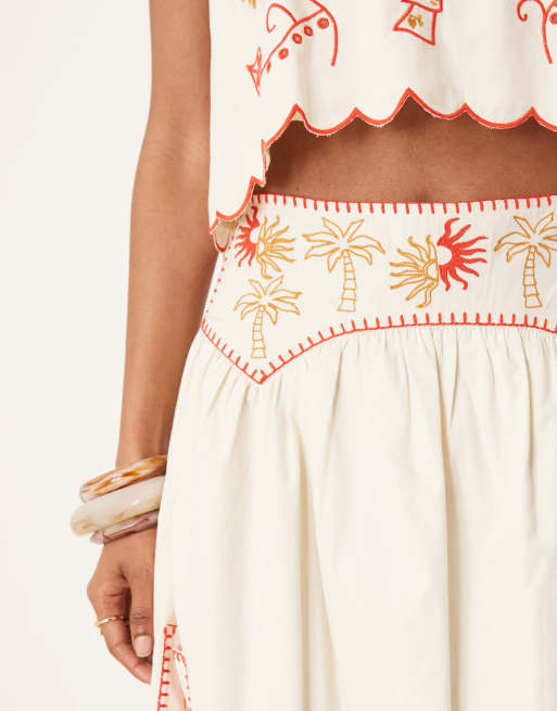 Never Fully Dressed embroidered cotton midaxi skirt in cream and red - part of a set