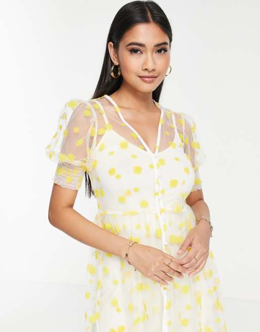 Never Fully Dressed embroidered daisy maxi dress in yellow