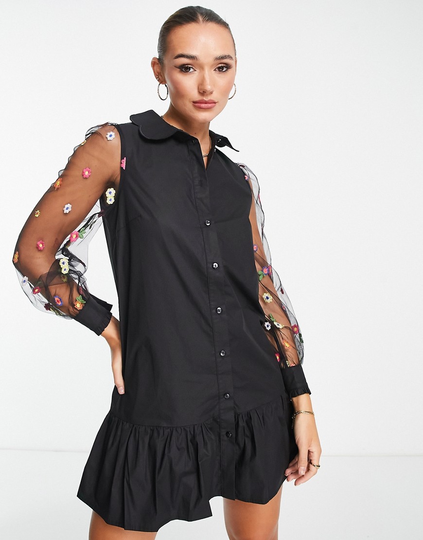 Never Fully Dressed embroidered floral mini dress in black