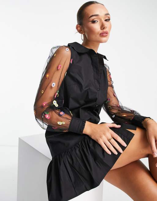 Never Fully Dressed embroidered floral mini dress in black | ASOS