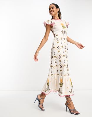 Never Fully Dressed embroidered frill sleeve midaxi dress in mixed prints