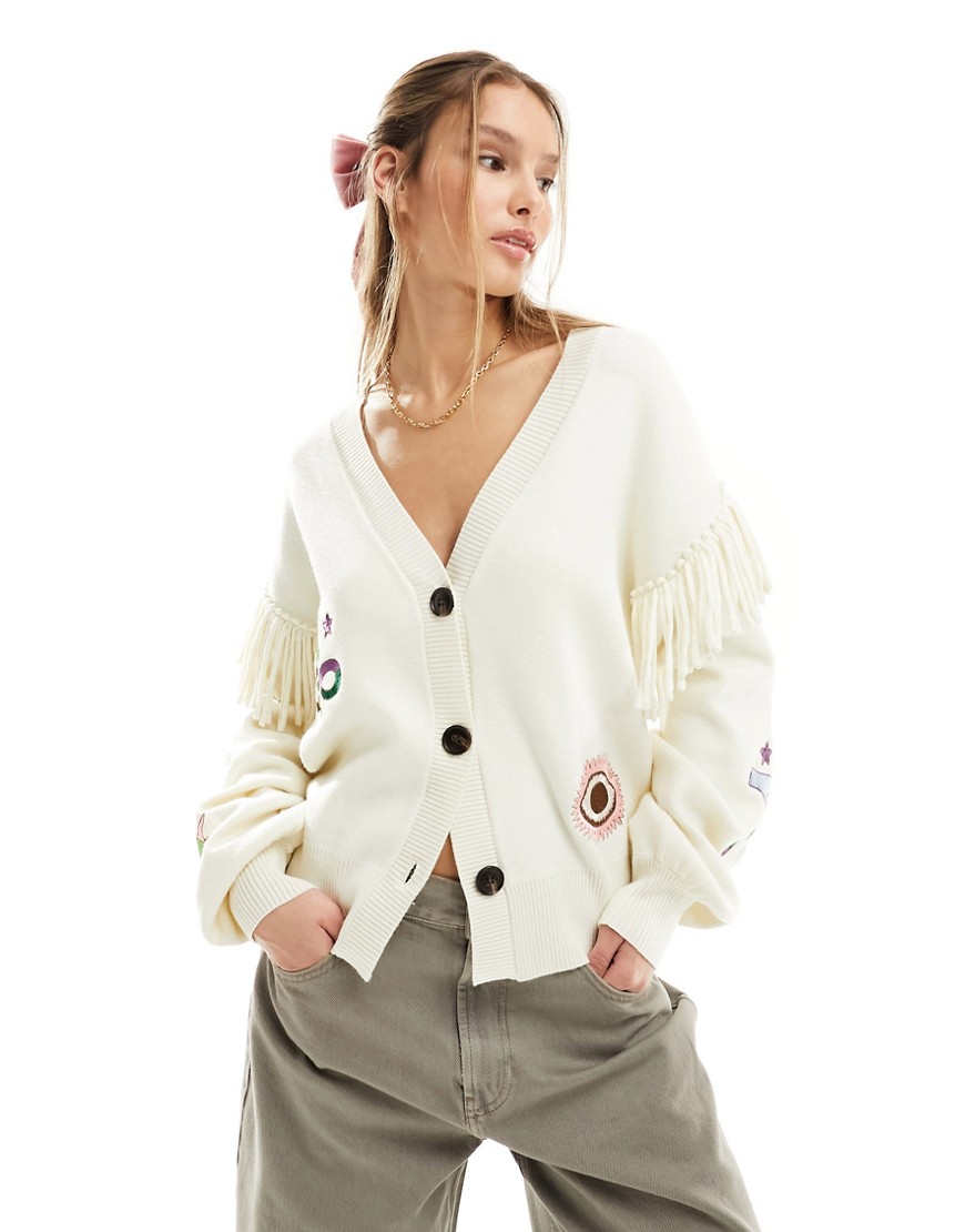 Never Fully Dressed embroidered fringe sleeve knitted cardigan in cream-White