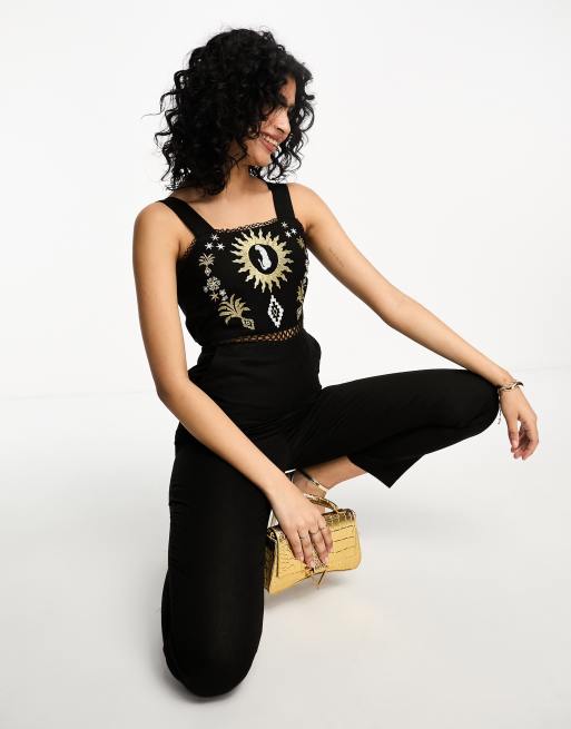 Never Fully Dressed embroidered leopard jumpsuit In black