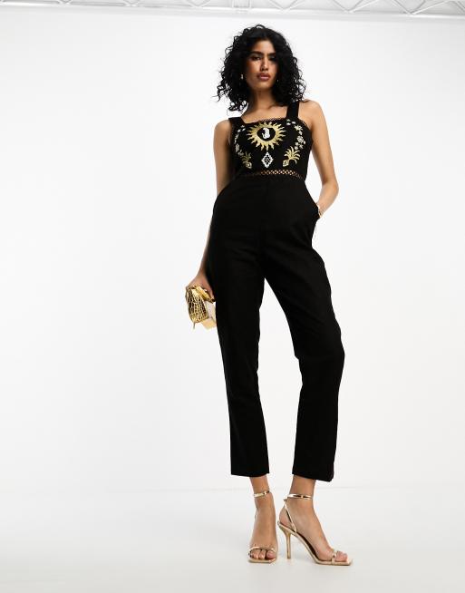 Never Fully Dressed embroidered leopard jumpsuit In black