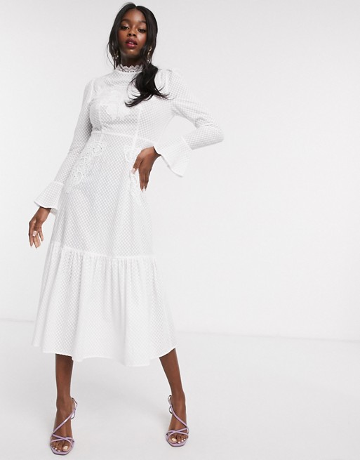 Never Fully Dressed embroidered long sleeve fluted hem maxi dress in white | ASOS