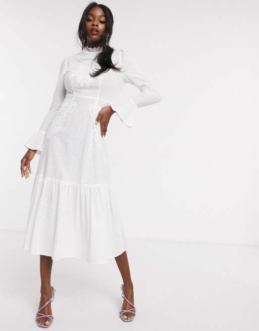 Never Fully Dressed embroidered long sleeve fluted hem maxi dress in white | ASOS