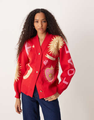 Never Fully Dressed Embroidered Love Cardigan In Red