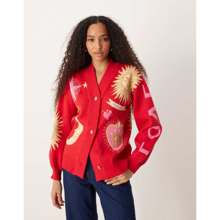 Never Fully Dressed embroidered love cardigan in red | ASOS