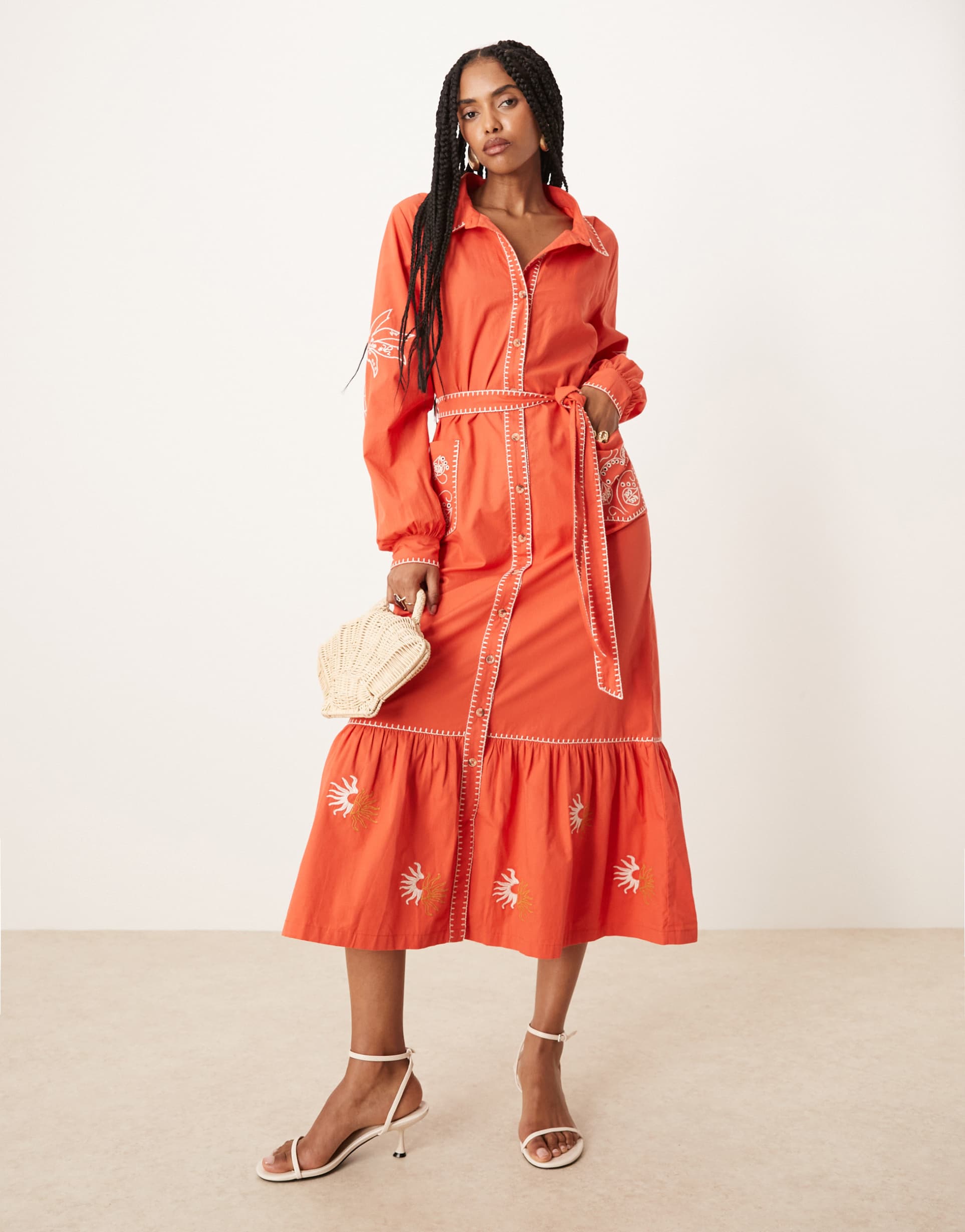 never fully dressed embroidered midaxi shirt dress in red
