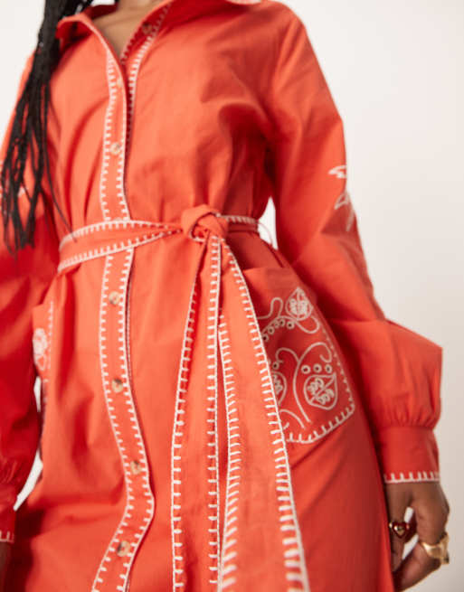 Never Fully Dressed embroidered midaxi shirt dress in red | ASOS