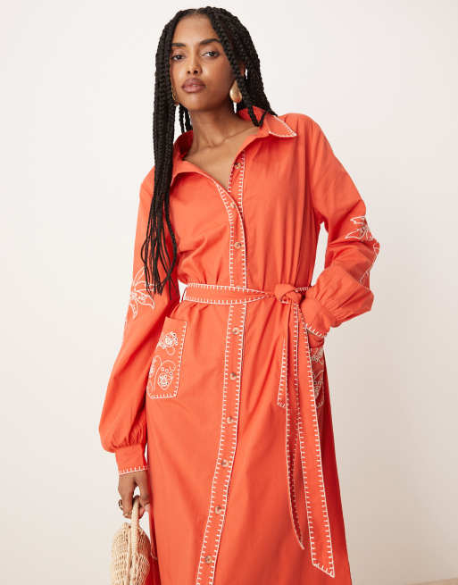 Never Fully Dressed embroidered midaxi shirt dress in red | ASOS