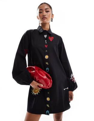 Never Fully Dressed Embroidered Mini Shirt Dress In Black